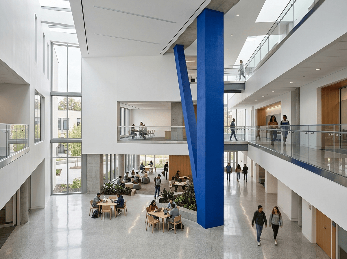 Modern atrium with FORGE blue pillar
