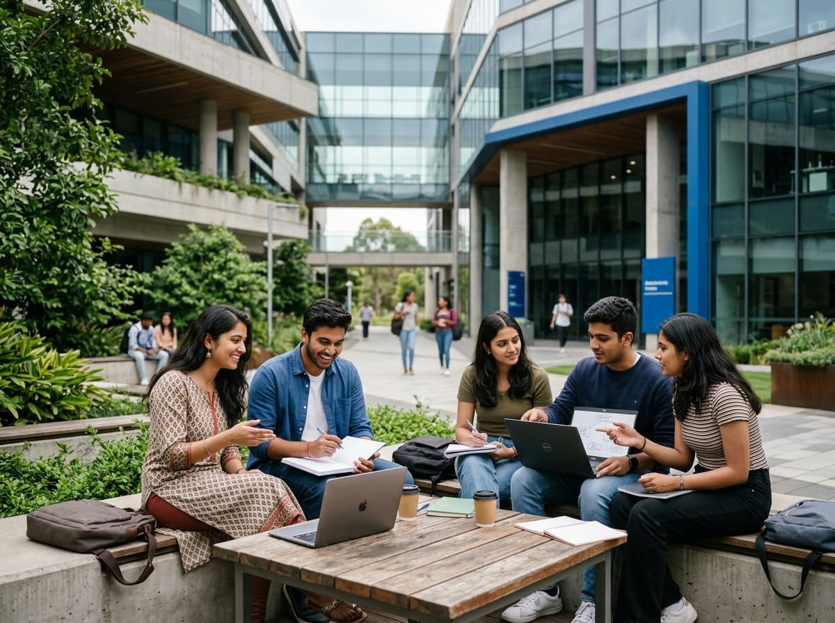 Diverse Indian university students collaborating on innovation project on campus
