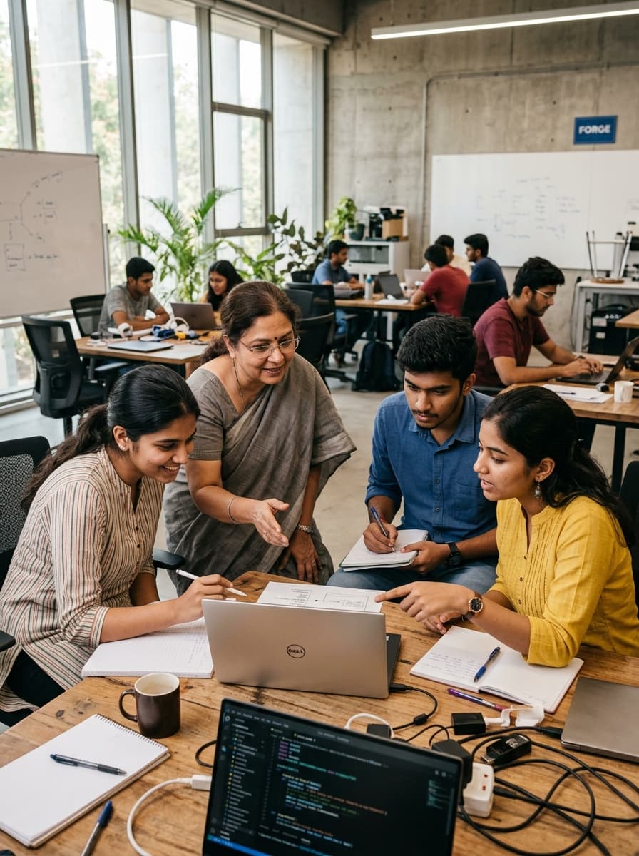 Experienced technology mentor having focused discussion with young builder