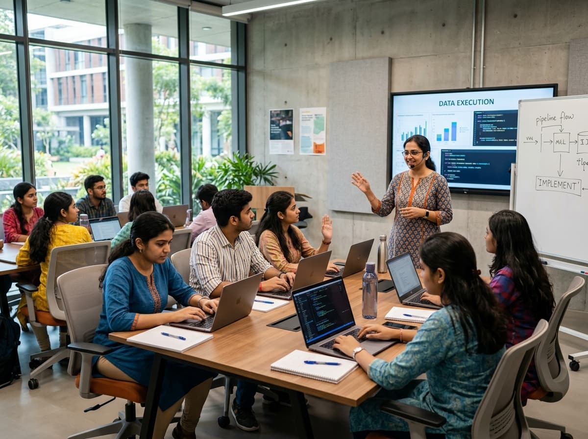 Indian technology educator conducting execution-focused workshop with students