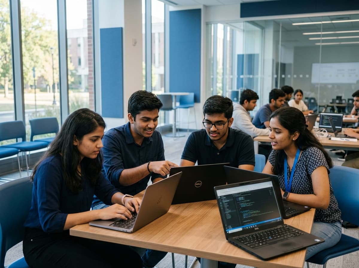 University students collaborating with laptops during technology certification session